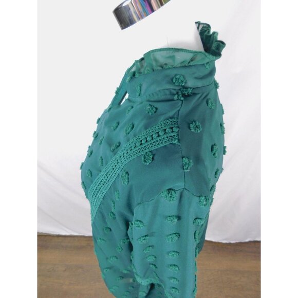 Swiss Dot Blouse Womens Medium Green Sheer Chiffon Ruffle Neck Boho Lace Trim - Picture 5 of 10
